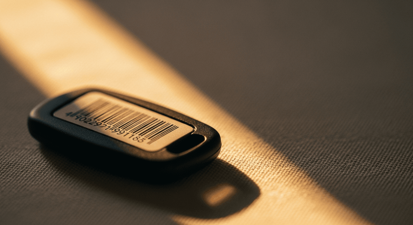Black gym access fob on cream linen with warm amber light and golden bokeh background.