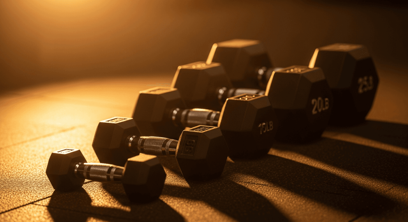 Five iron dumbbells arranged in ascending order from 5lb to 25lb on a gym mat, shot at a low angle.