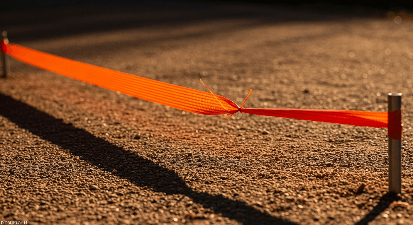 Bright orange finish line tape stretched horizontally across a dusty trail, slightly bowed as if just broken through.