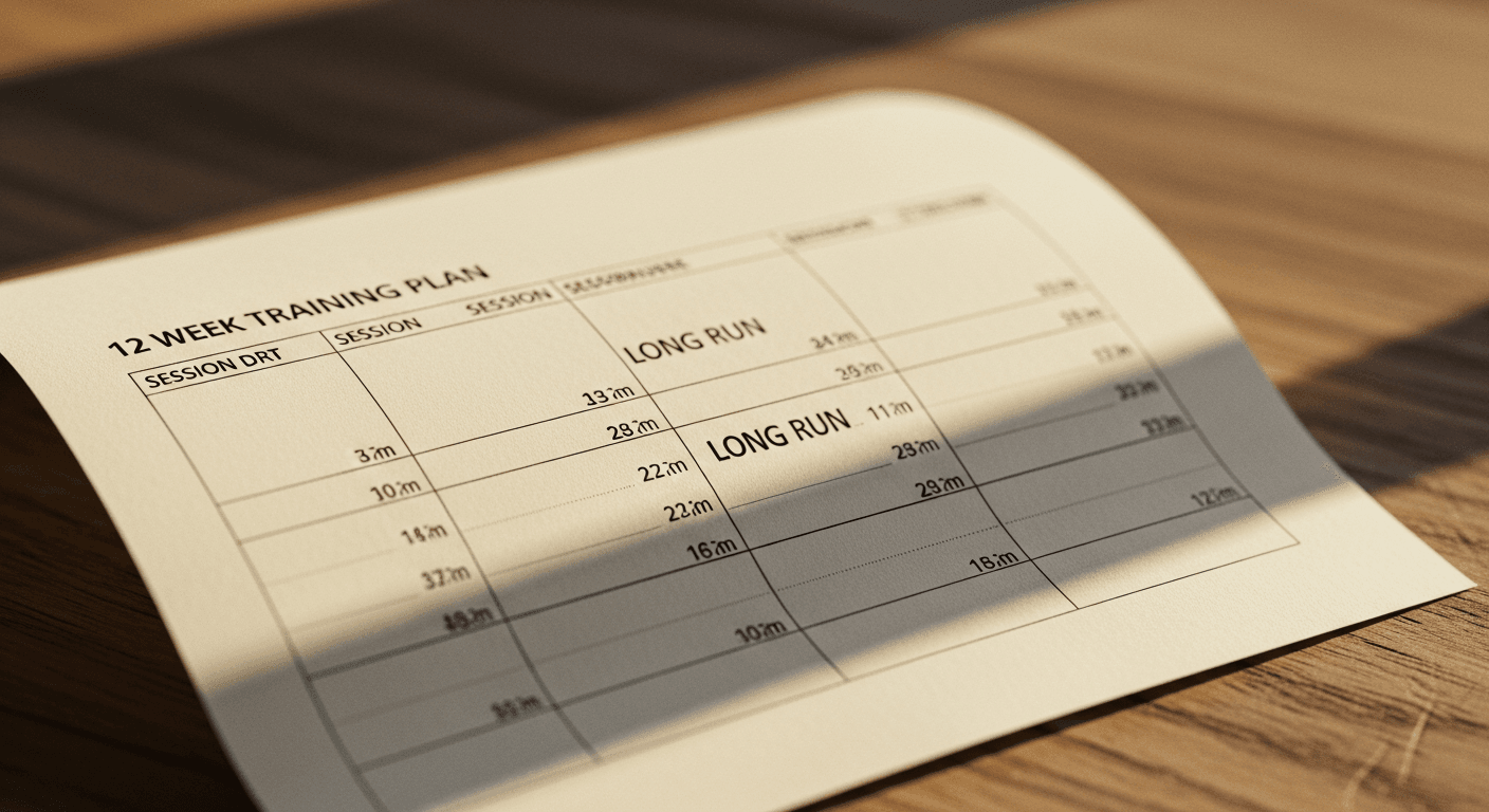 Printed 12-week training plan on cream paper with handwritten grid showing increasing run distances, lit by warm amber light.
