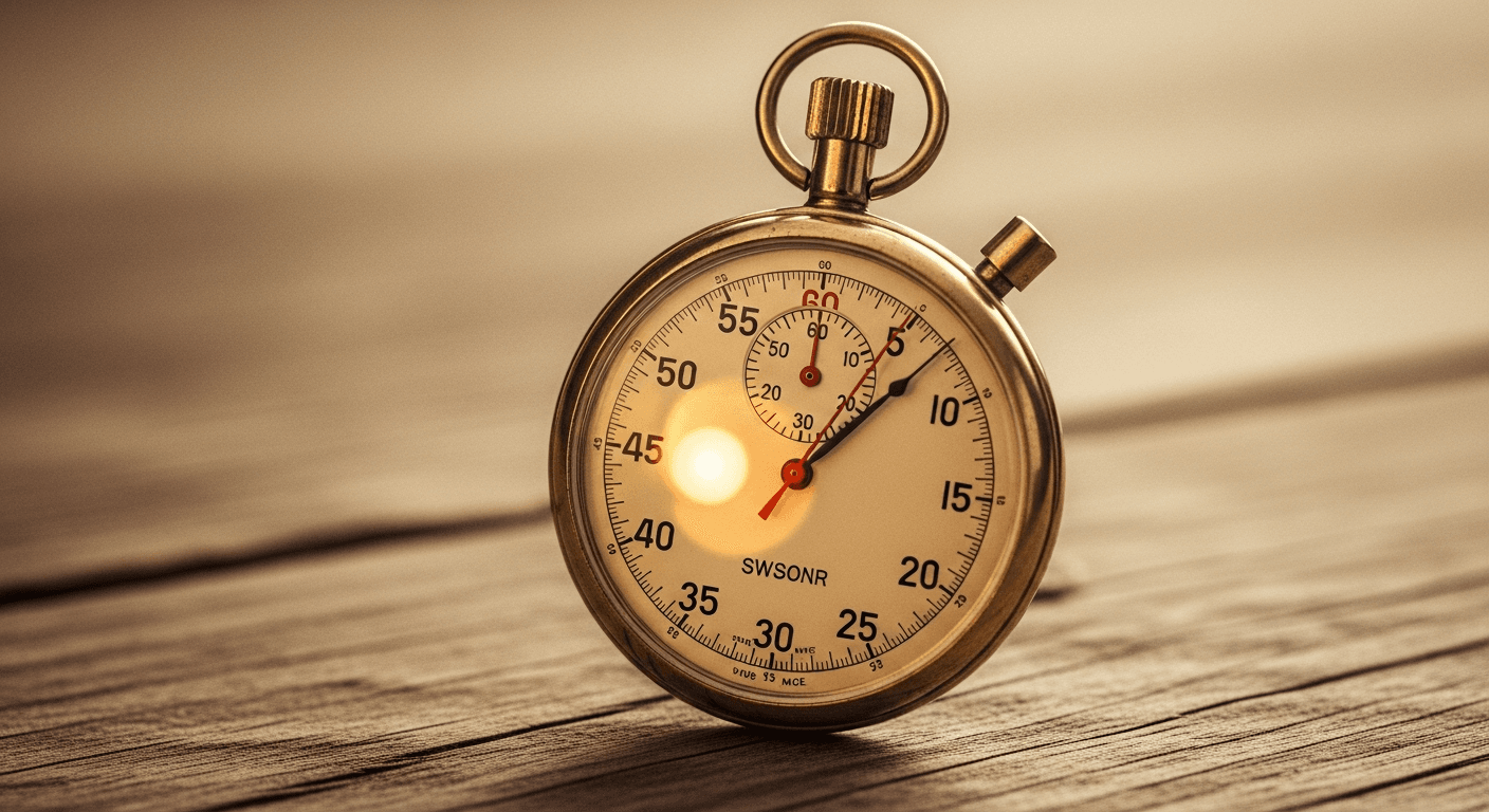 Vintage analog stopwatch on weathered wood with warm amber light and soft bokeh background.