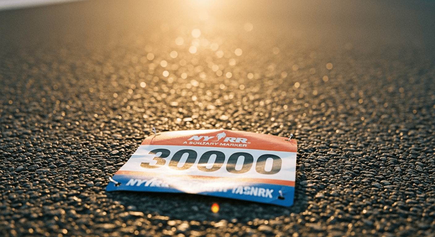 Race bib numbered 30000 with NYRR branding pinned on Manhattan asphalt, lit by warm amber light.