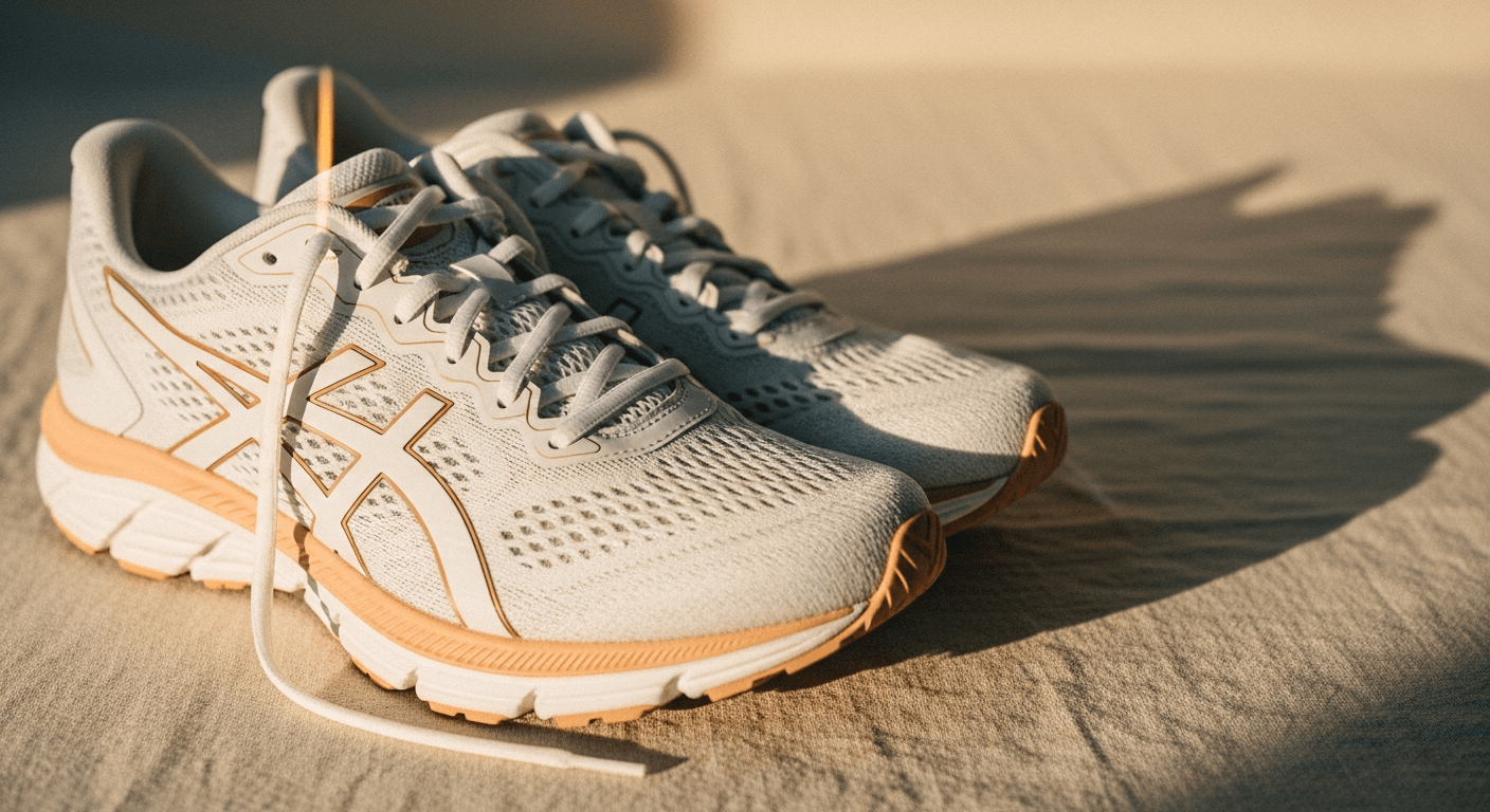 A pair of pristine white running shoes with untied laces on a cream background with warm amber lighting.