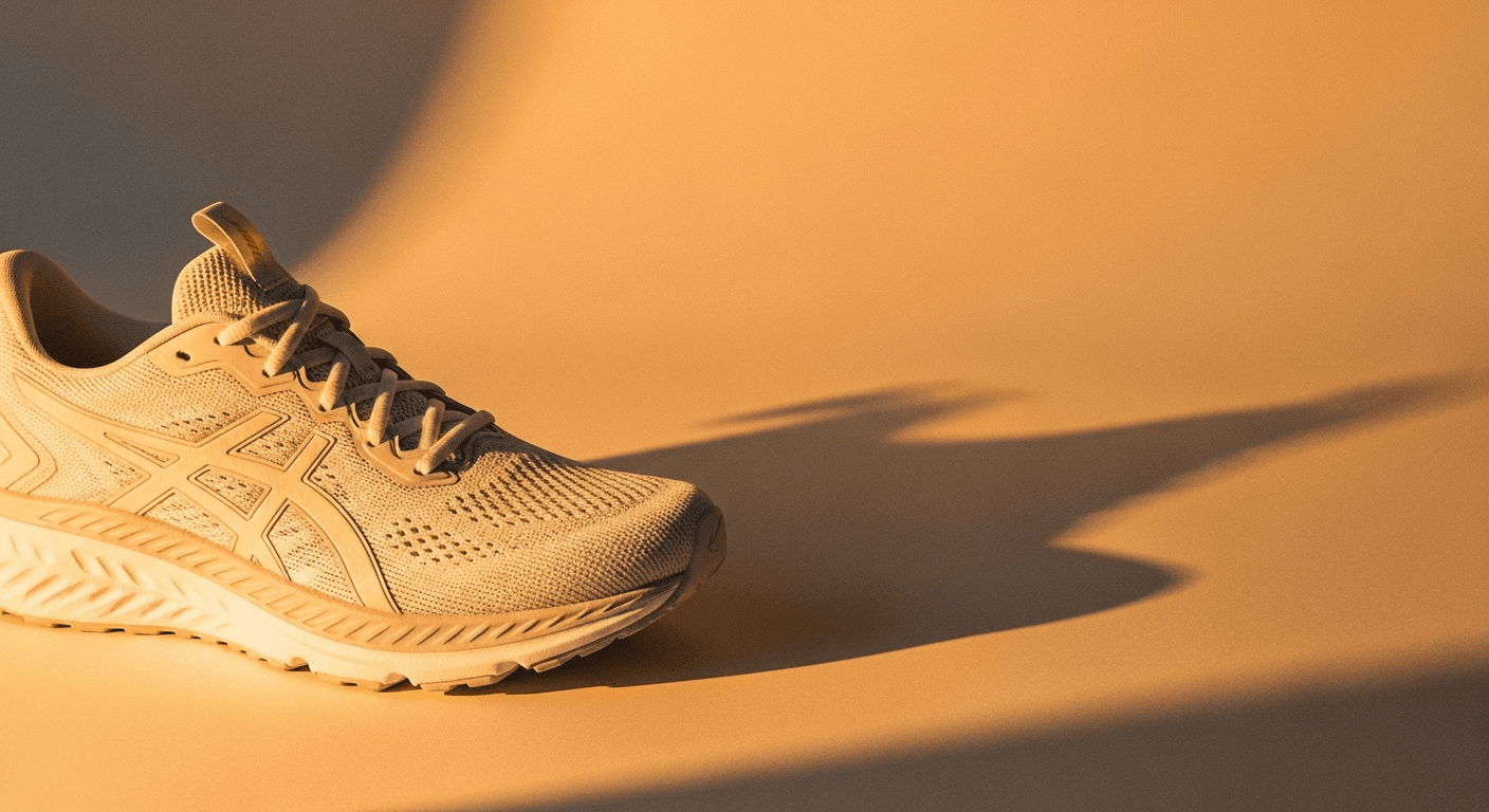 A road running shoe photographed from above against a cream background with warm amber lighting and gold bokeh.