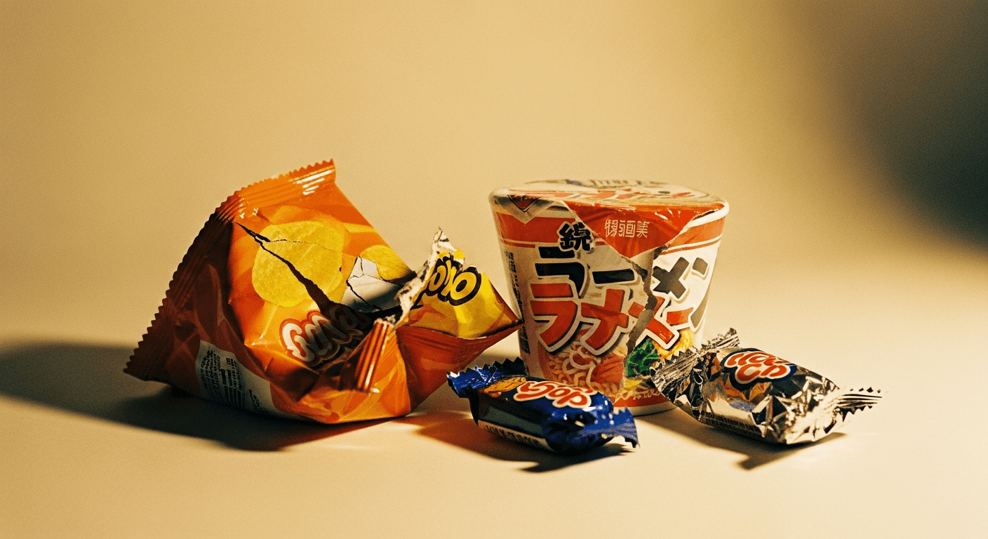 Crumpled ultra-processed food packaging with visible ingredient labels on beige background.