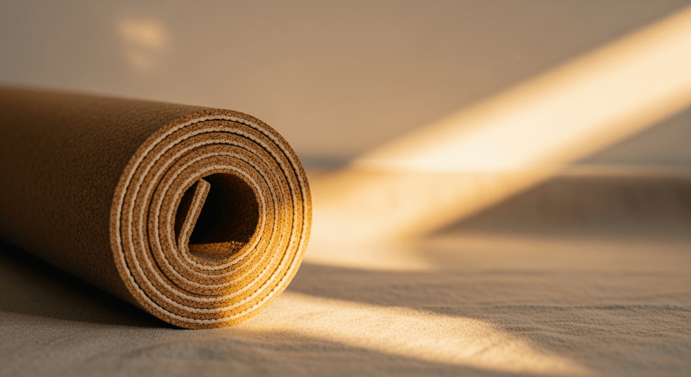 Rolled cork yoga mat illuminated by warm amber light on natural linen fabric.