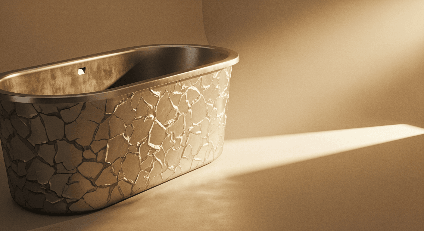 Empty brushed-chrome cold plunge tub with melting ice crystals catching warm amber light.