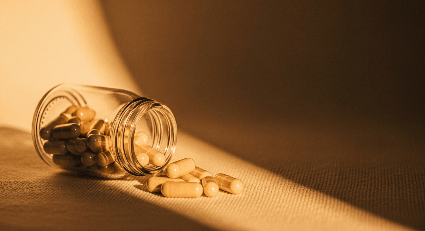 Glass jar of magnesium L-threonate capsules tipped on its side with pale ivory capsules spilling onto a cream linen surface.