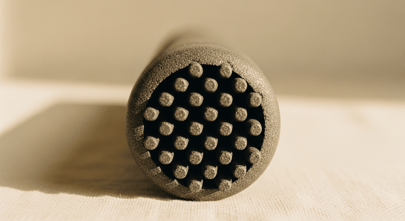Close-up of a textured foam roller illuminated by warm amber light against a cream backdrop.