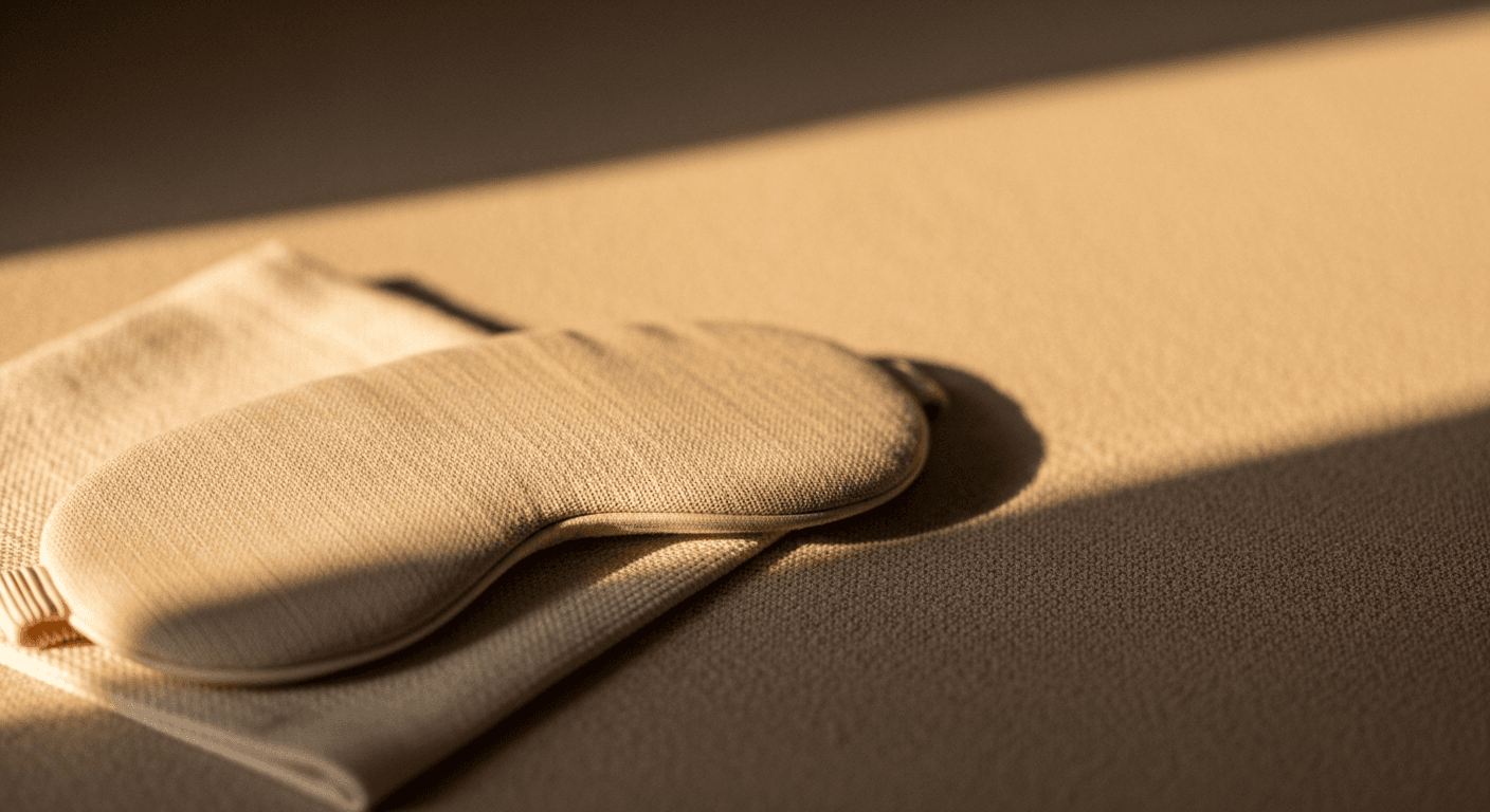 An ivory sleep mask on cream linen, softly lit by warm amber light with shallow depth of field.