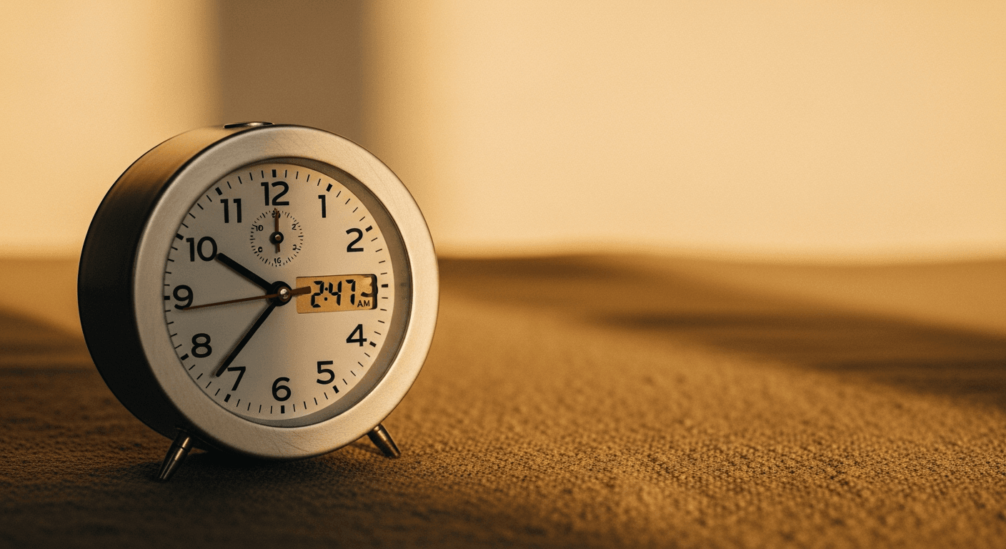 Alarm clock displaying 2:47 AM with warm amber lighting on linen fabric background.