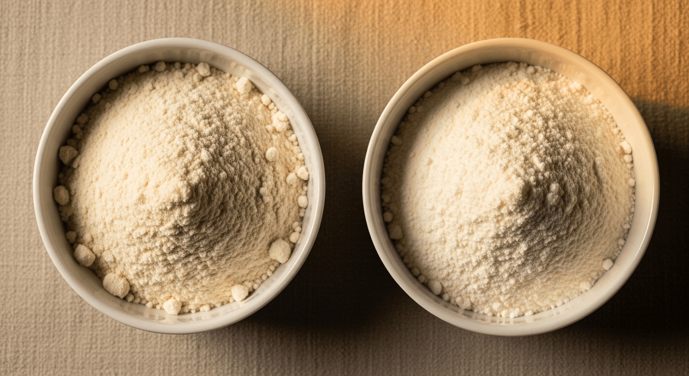 Two white bowls side-by-side showing coarse whey concentrate powder on the left and fine whey isolate powder on the right.