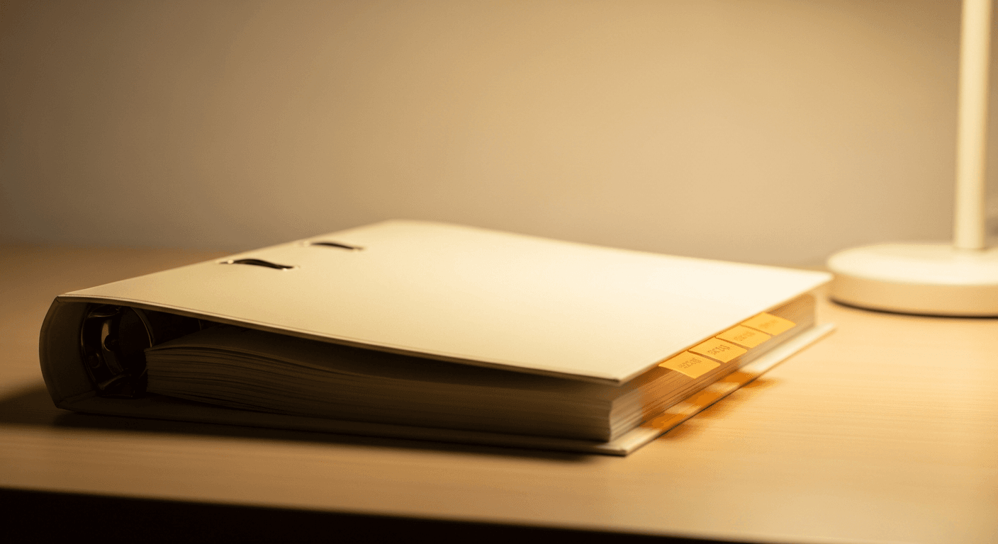 A cream wellness policy binder with five colored tabs on a light oak desk.