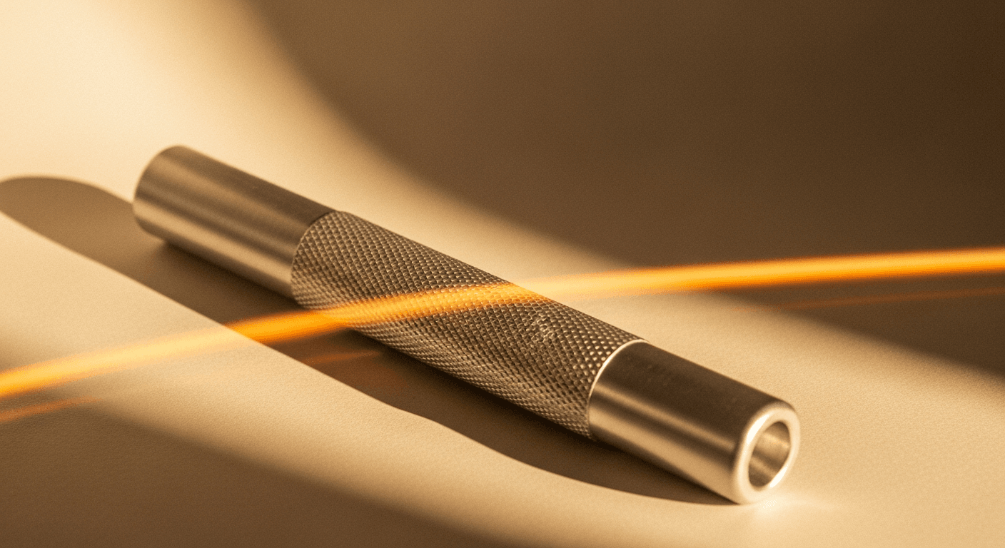 Brushed aluminum relay baton on cream background with warm amber lighting.