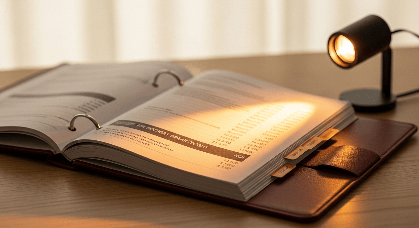 Open HR policy binder on desk with ROI figures highlighted by warm amber lighting.