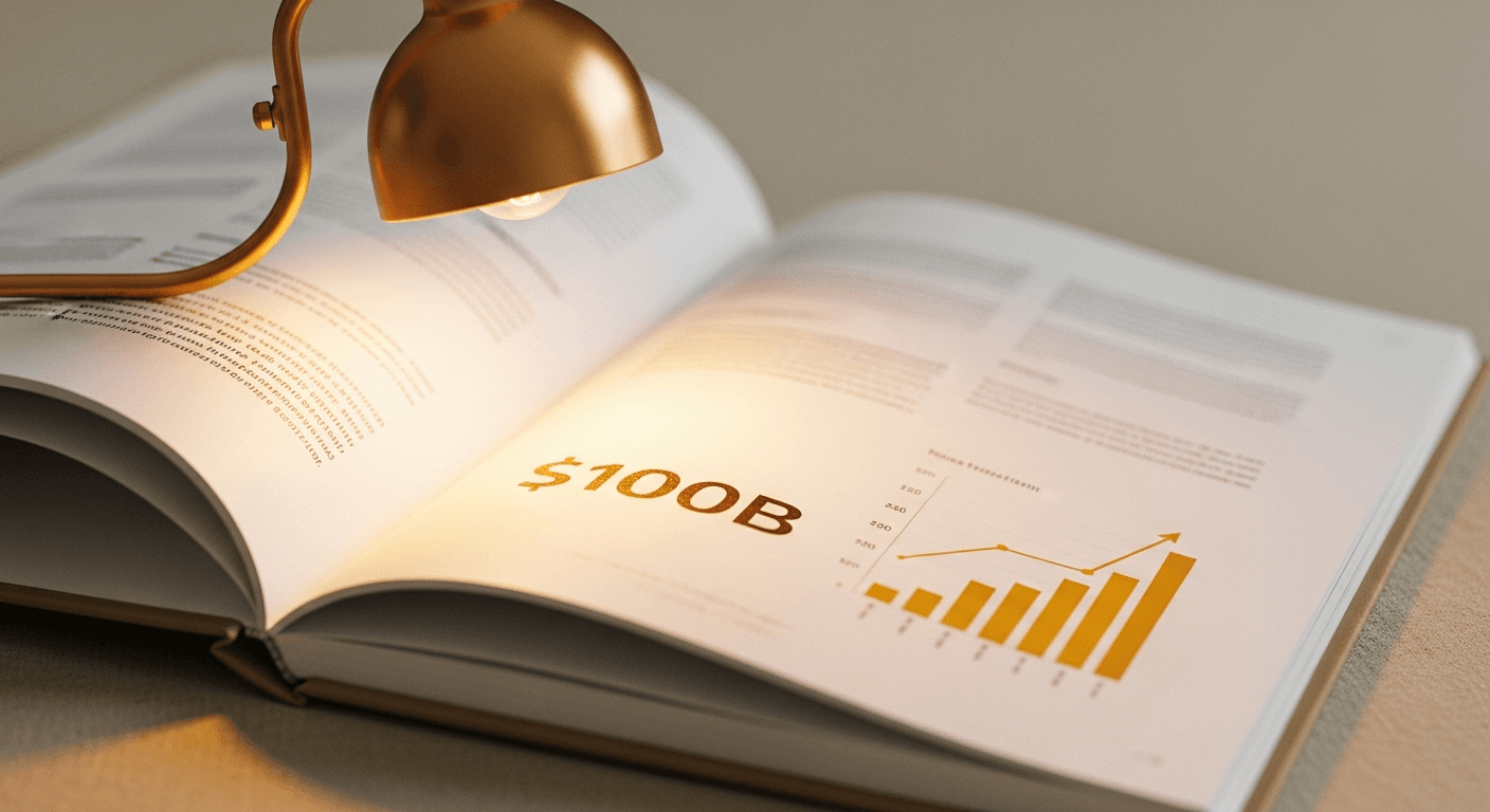 Open annual report displaying $100B figure and upward trending chart in gold ink on cream pages.