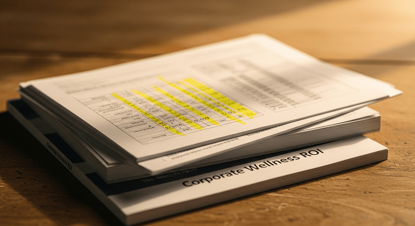 Research documents on corporate wellness ROI illuminated by warm amber light on an oak desk.
