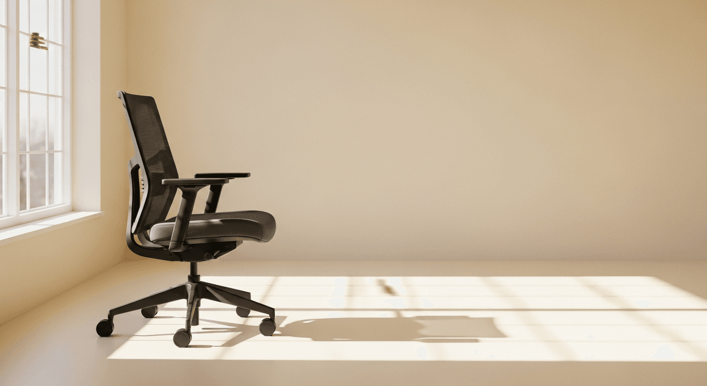 Empty office chair abandoned against a soft cream background, symbolizing sedentary work impact.