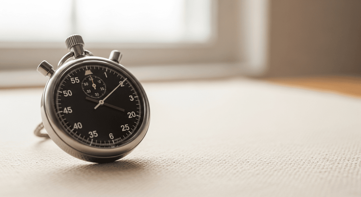A matte black stopwatch on cream linen, symbolizing timing in selecting the right personal trainer.