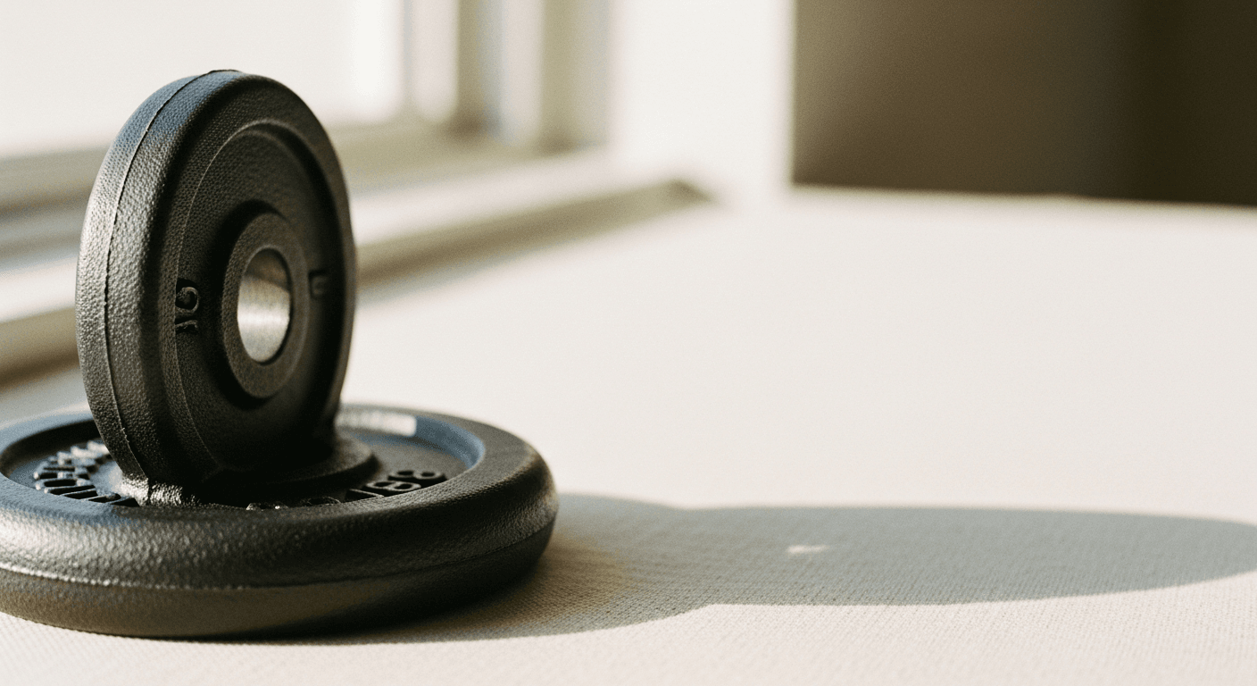 Close-up of a cast iron weight plate on a cream background with soft natural light.