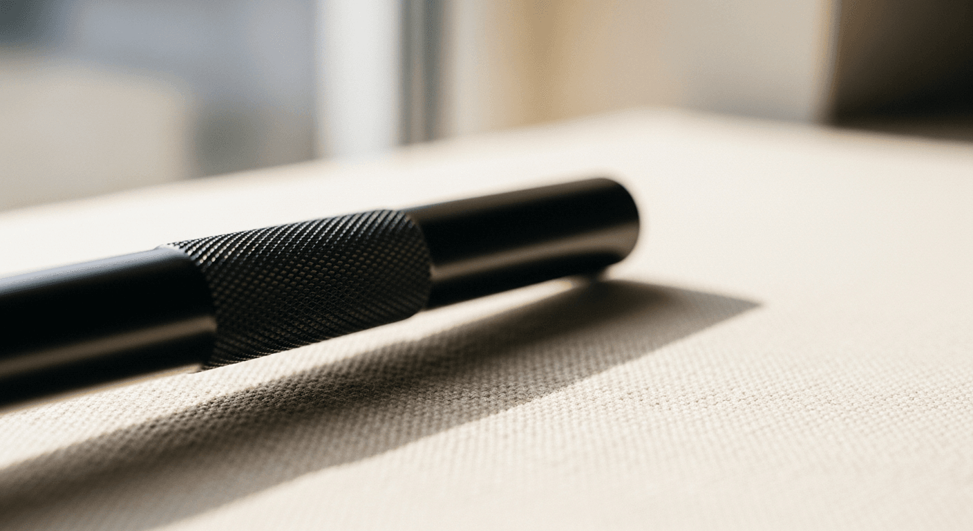 A black steel barbell resting on a warm cream surface in soft natural light.