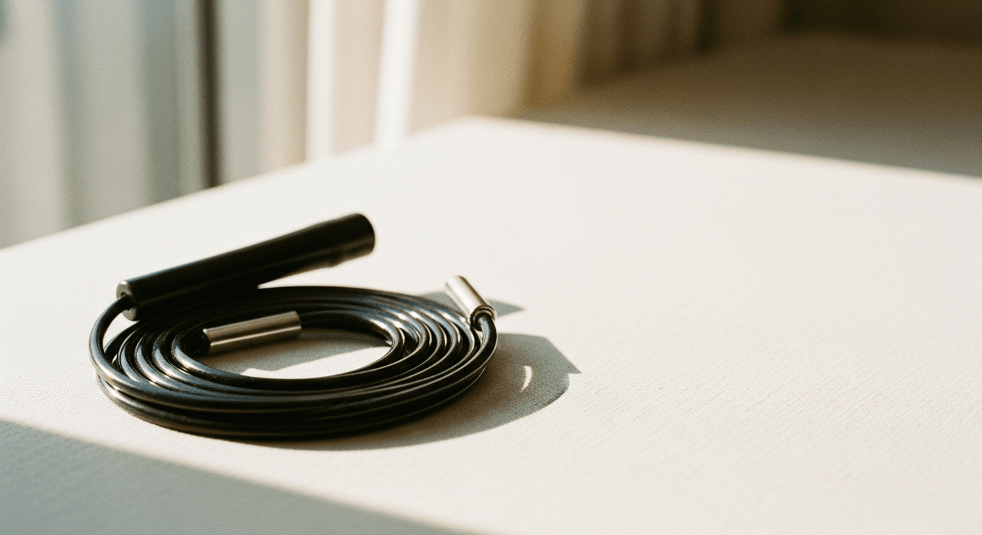 A coiled black jump rope on a warm cream surface, photographed in soft natural light.