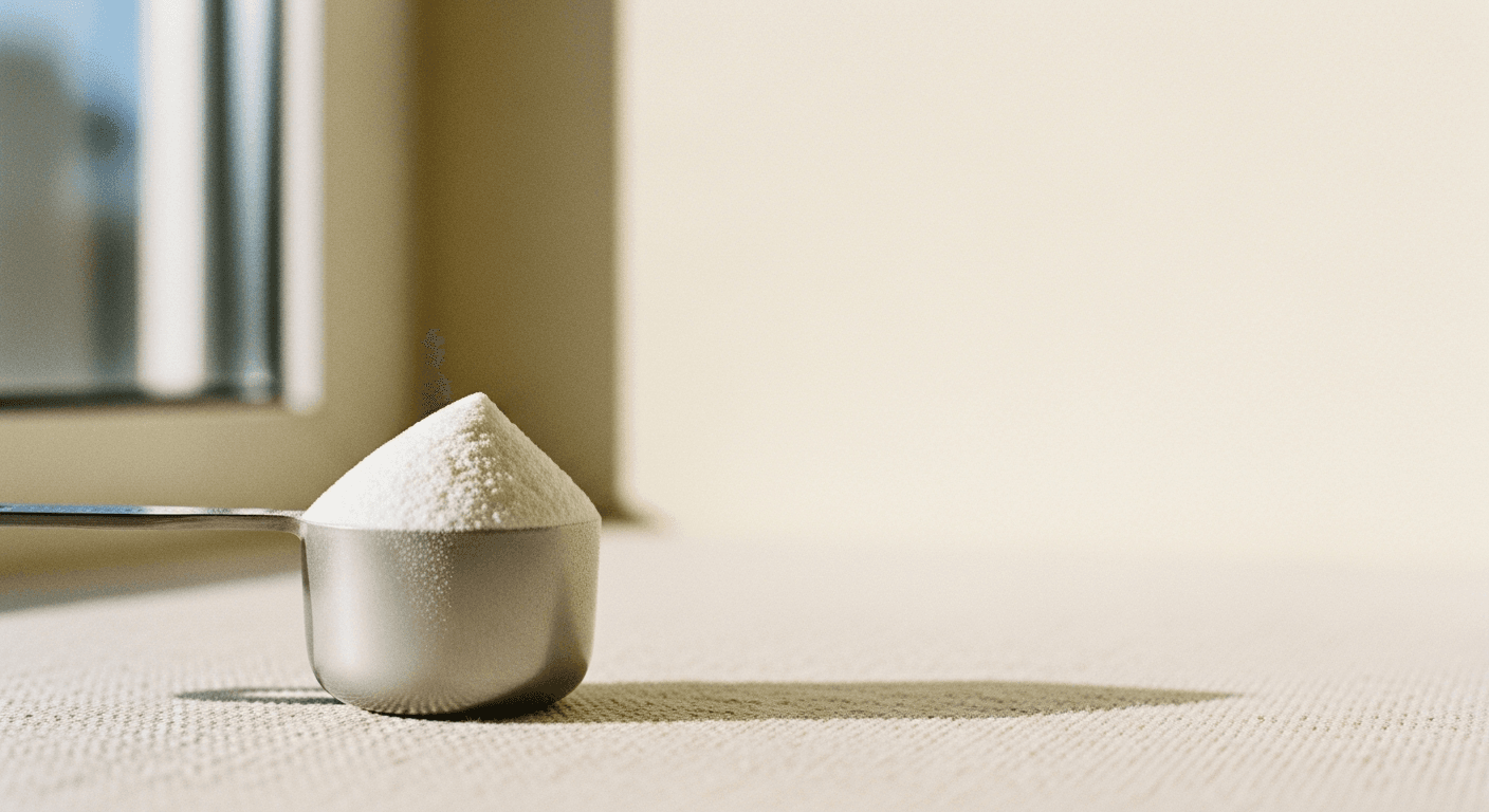 Stainless steel measuring scoop filled with white creatine powder on warm cream background.