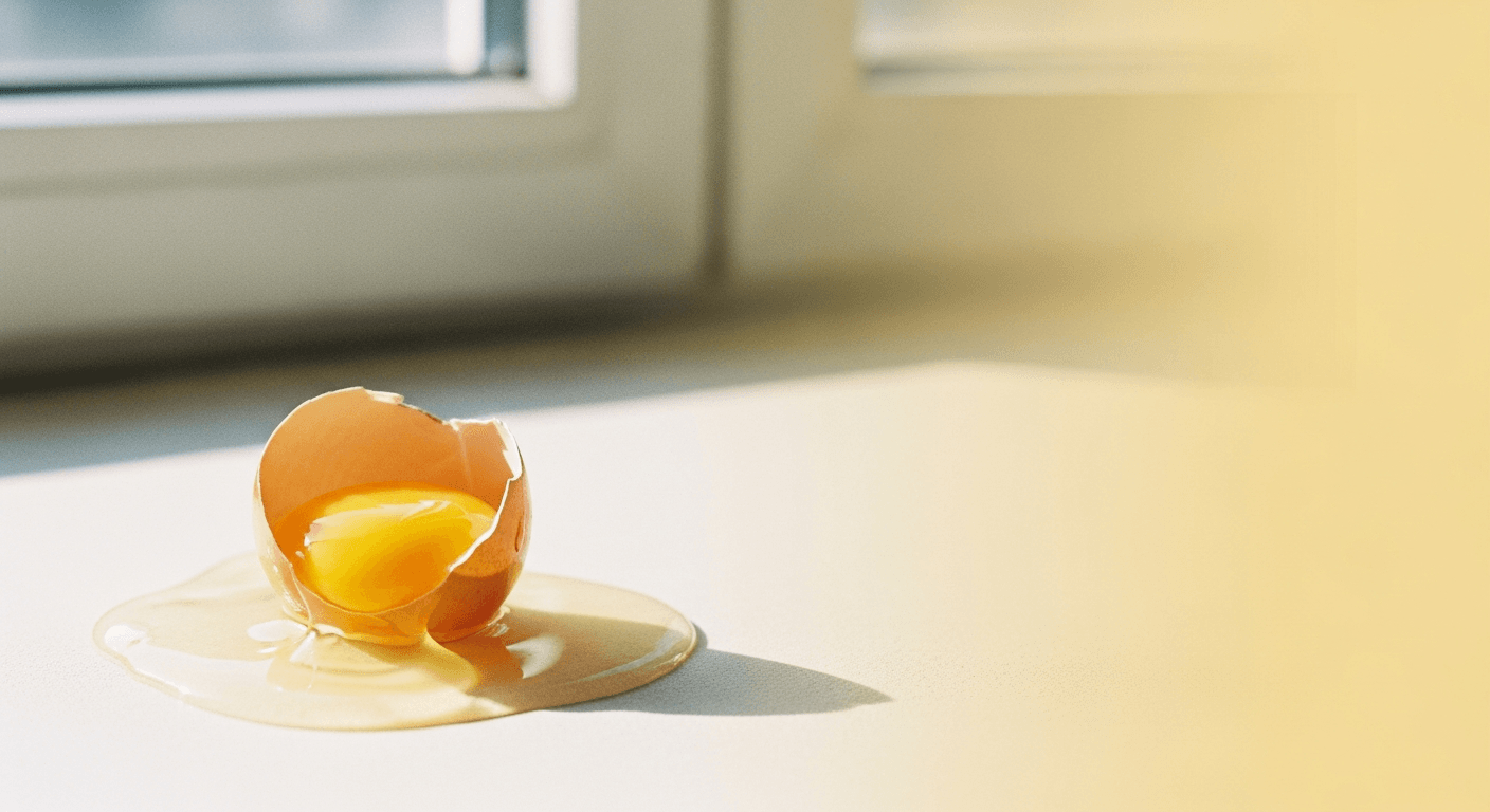 A cracked raw egg with an intact golden yolk on a warm cream surface.