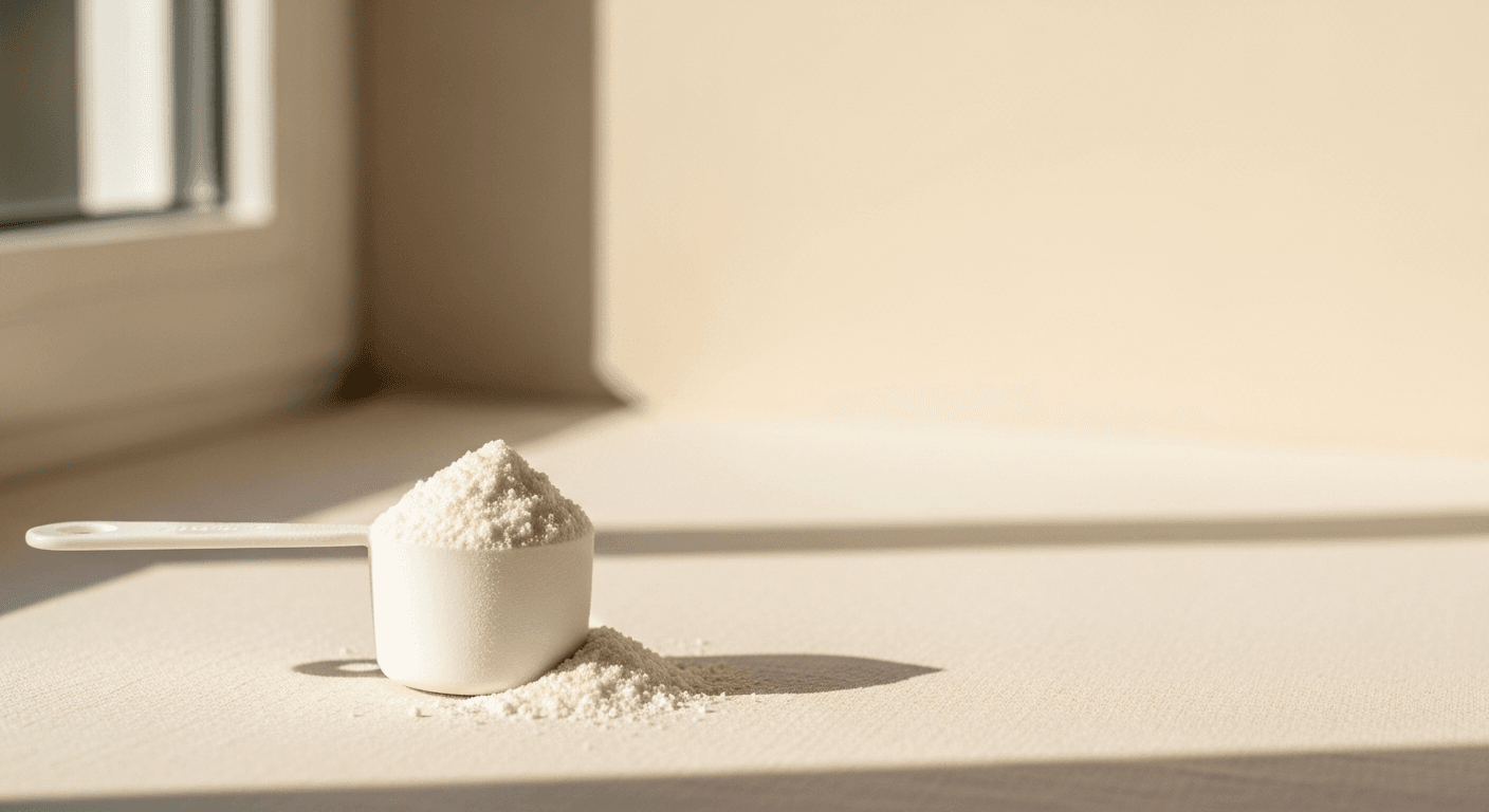 White measuring scoop overflowing with fine white creatine monohydrate powder on a cream background.