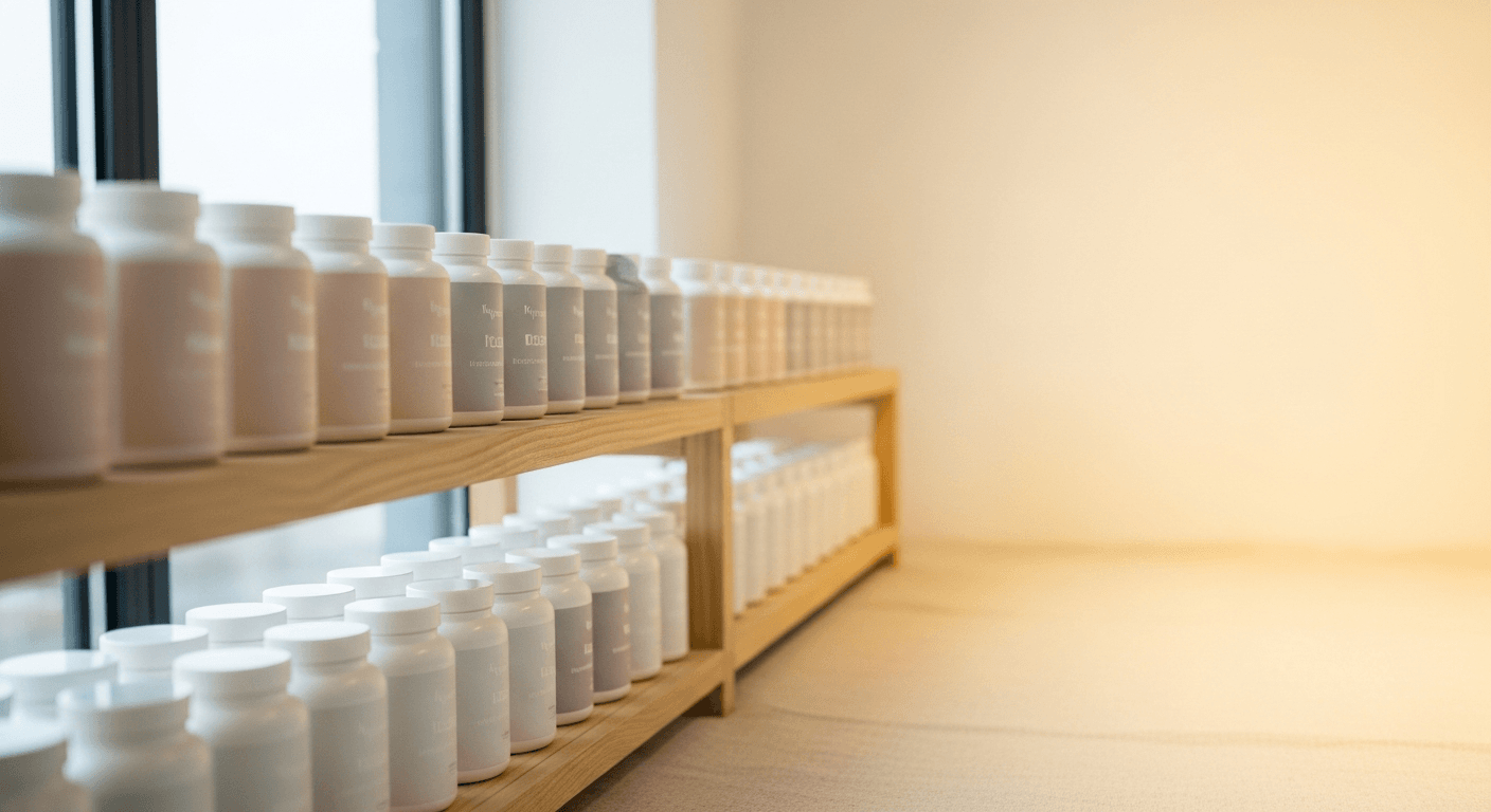 Warehouse shelf lined with rows of identical cream and white unlabeled supplement cylinders.