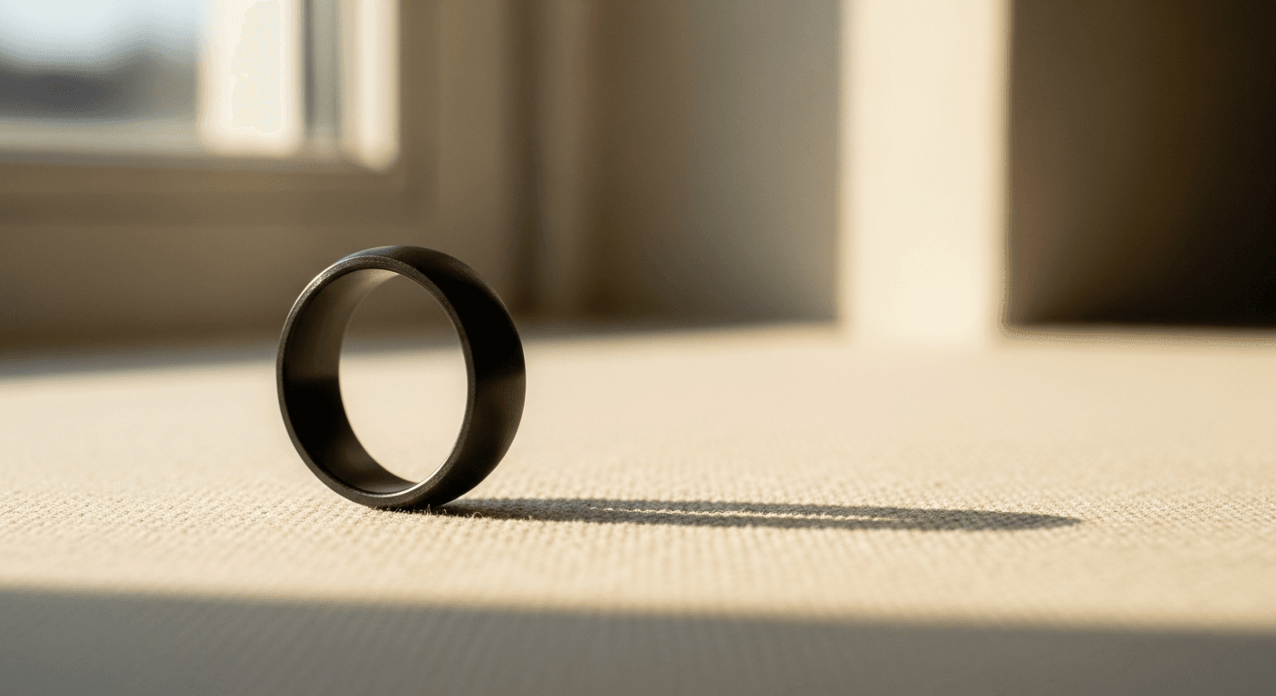 Minimalist black smart ring resting upright on its edge against a warm cream background.