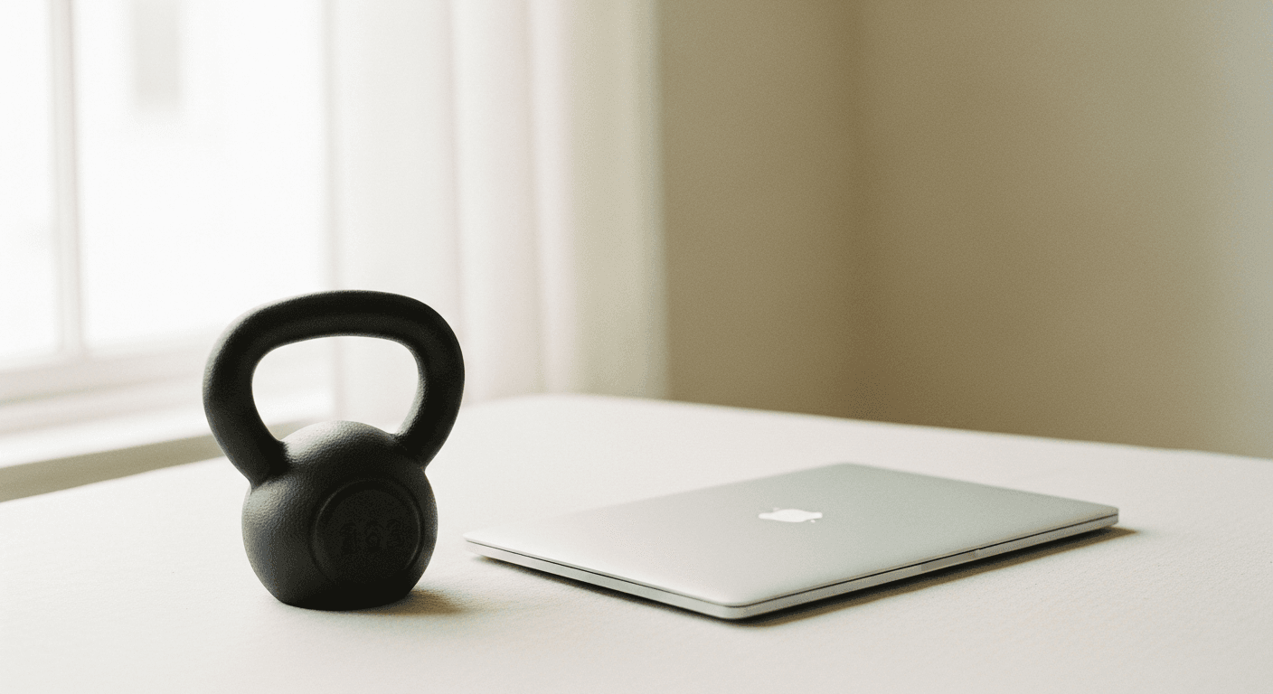 A cast-iron kettlebell and closed laptop positioned together on a warm cream background.