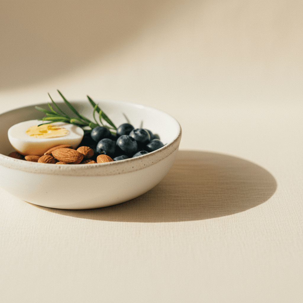 White ceramic bowl with hard-boiled egg, almonds, blueberries, and herbs on cream background.