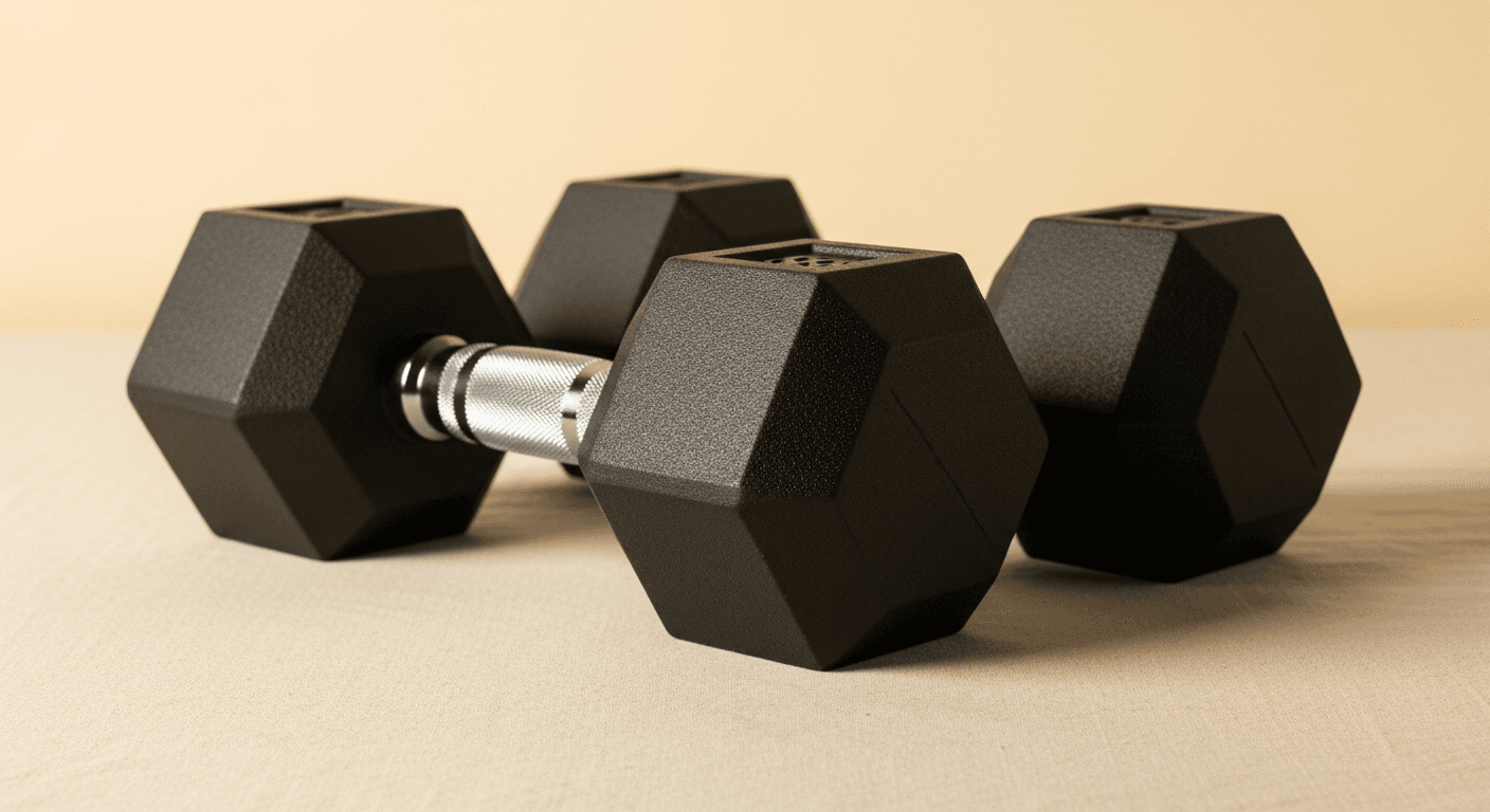 Three black dumbbells arranged in a row on a cream background with soft natural light.