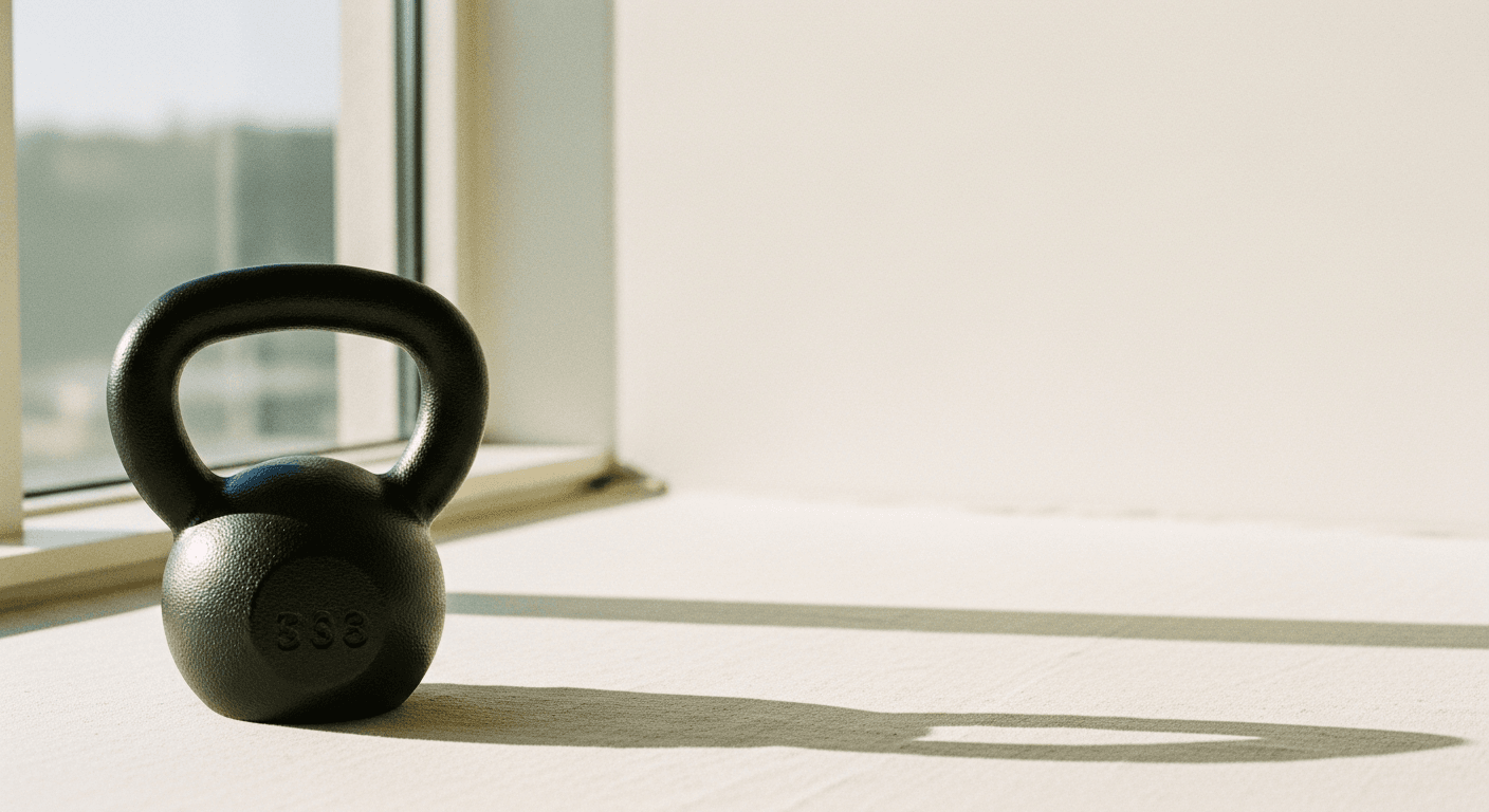 A matte cast iron kettlebell on a warm cream surface lit by soft natural light.