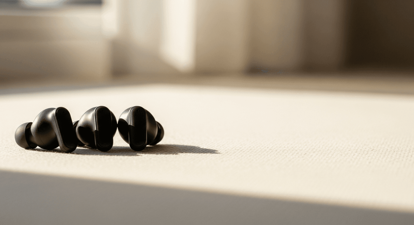 Three black wireless earbuds arranged in a row on a cream background with soft natural lighting.