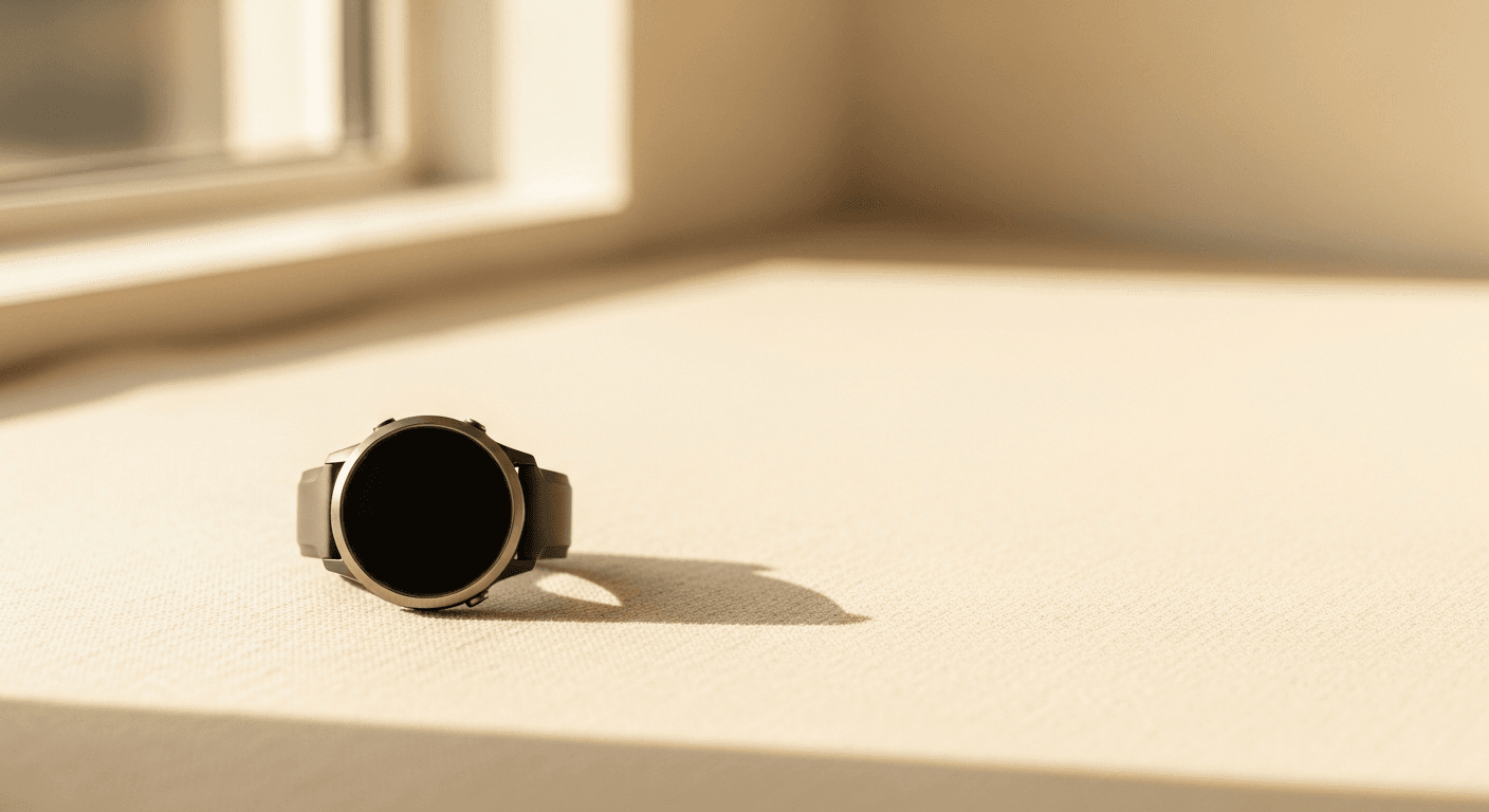 Running GPS watch lying on cream linen with minimalist negative space composition.