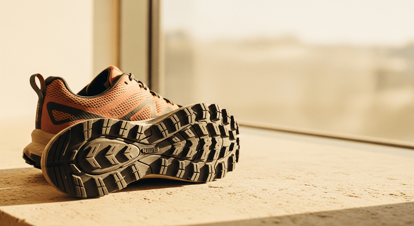 A terracotta and charcoal trail running shoe lying on a light cream stone surface.