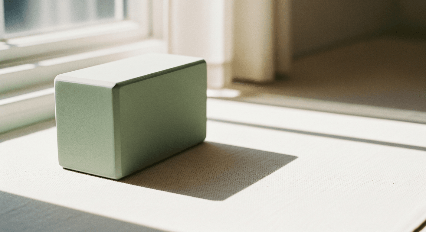 A sage green yoga block on a warm cream background with soft natural light.