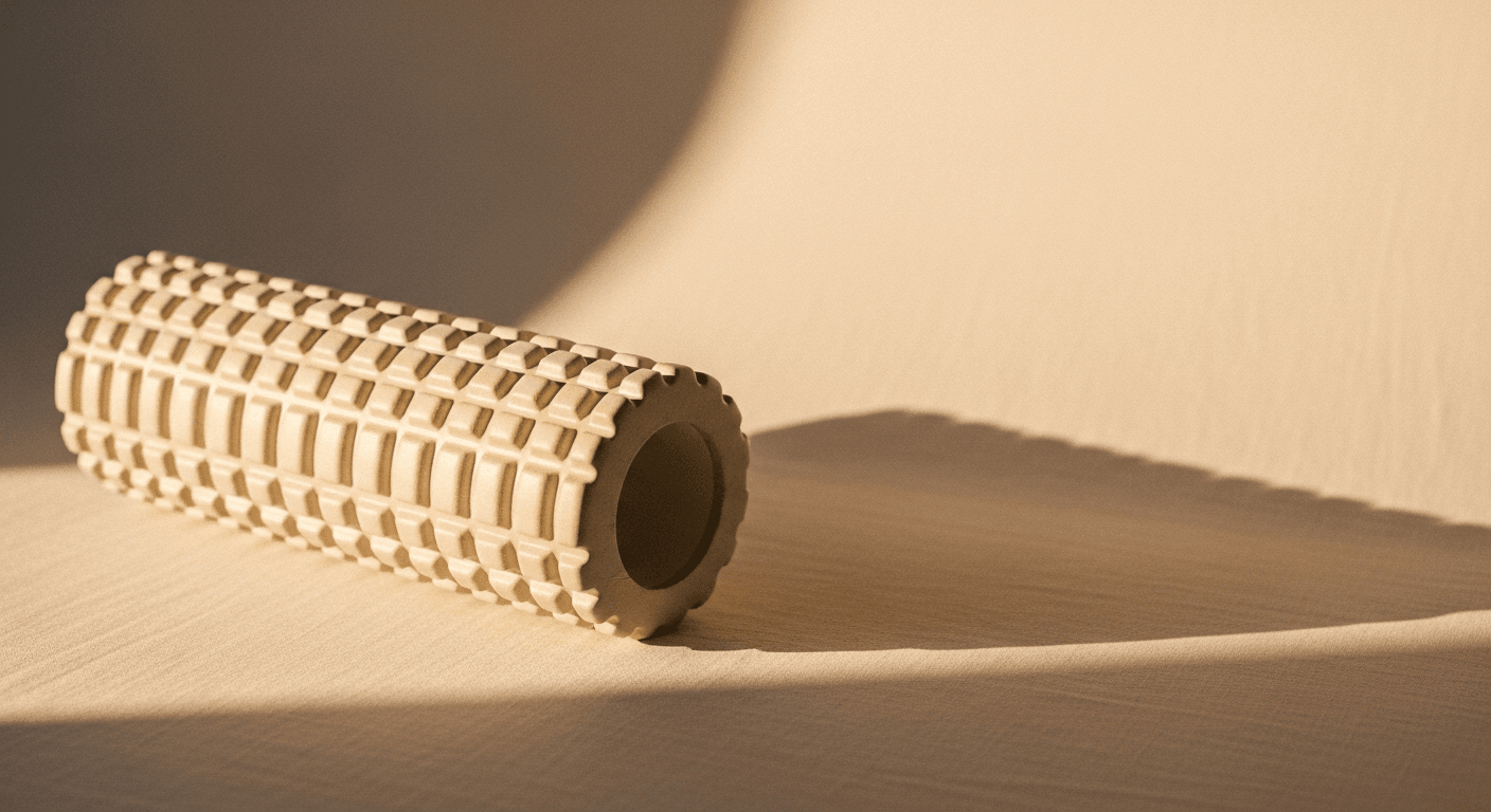 A textured ivory foam roller positioned horizontally with amber light casting a sharp shadow on cream linen.