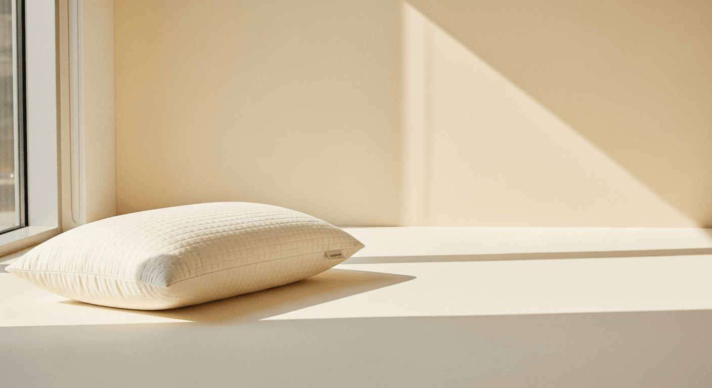 A cream performance pillow on a warm neutral background with soft natural light.