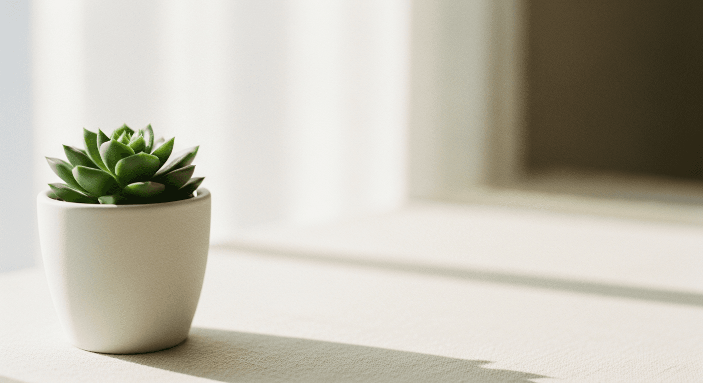 Small green succulent plant in white pot on warm cream desk surface.