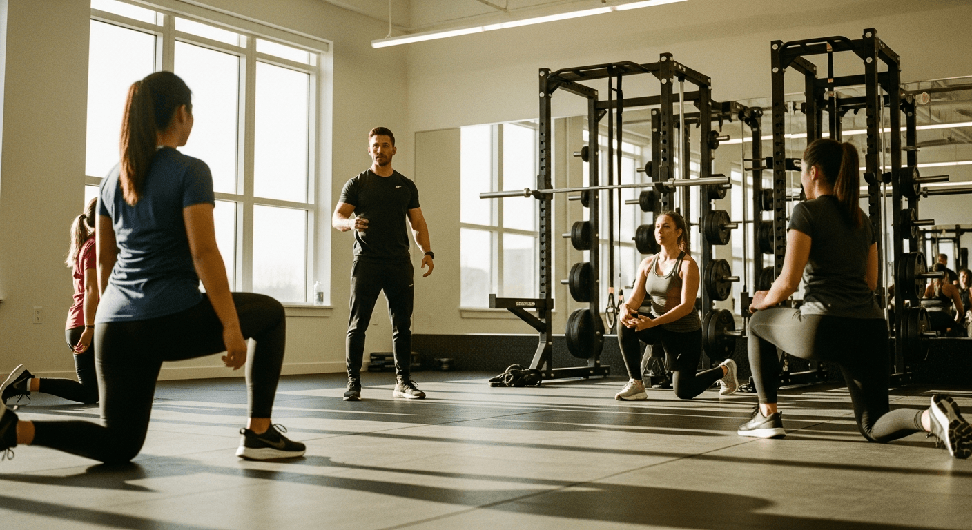 A fitness coach leads a small group of three clients during a workout session in a sunlit gym studio.
