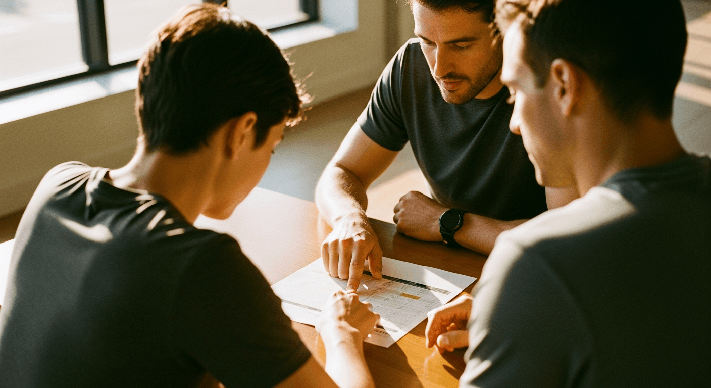 A coach and client review a training sheet together at a wooden table in warm natural light.