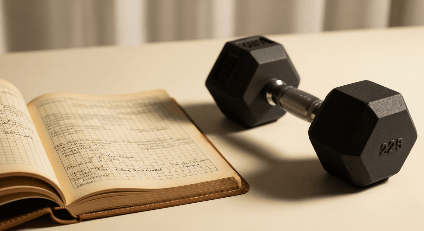 An open training logbook next to a black dumbbell on a warm cream background.