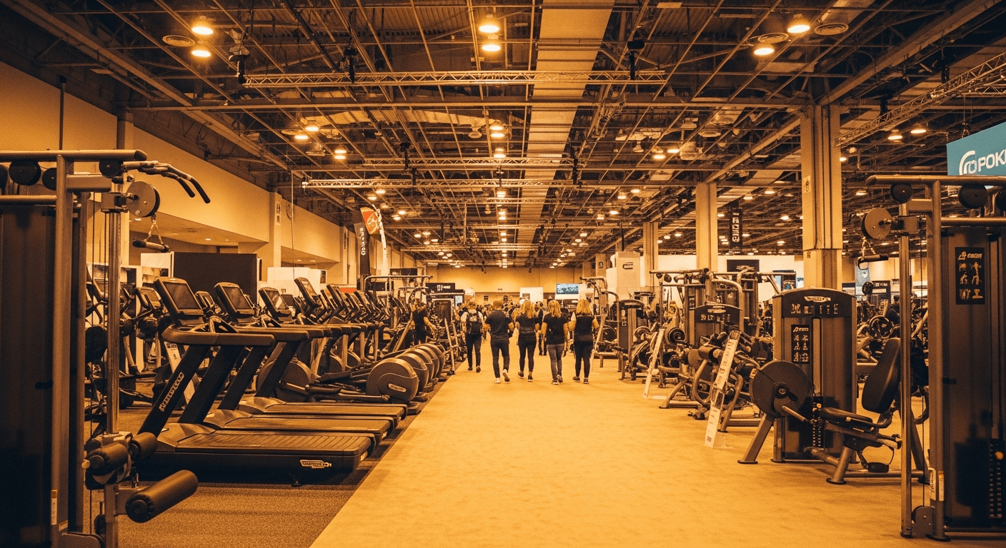 Wide shot of a fitness trade show floor with equipment and professionals in athletic wear.