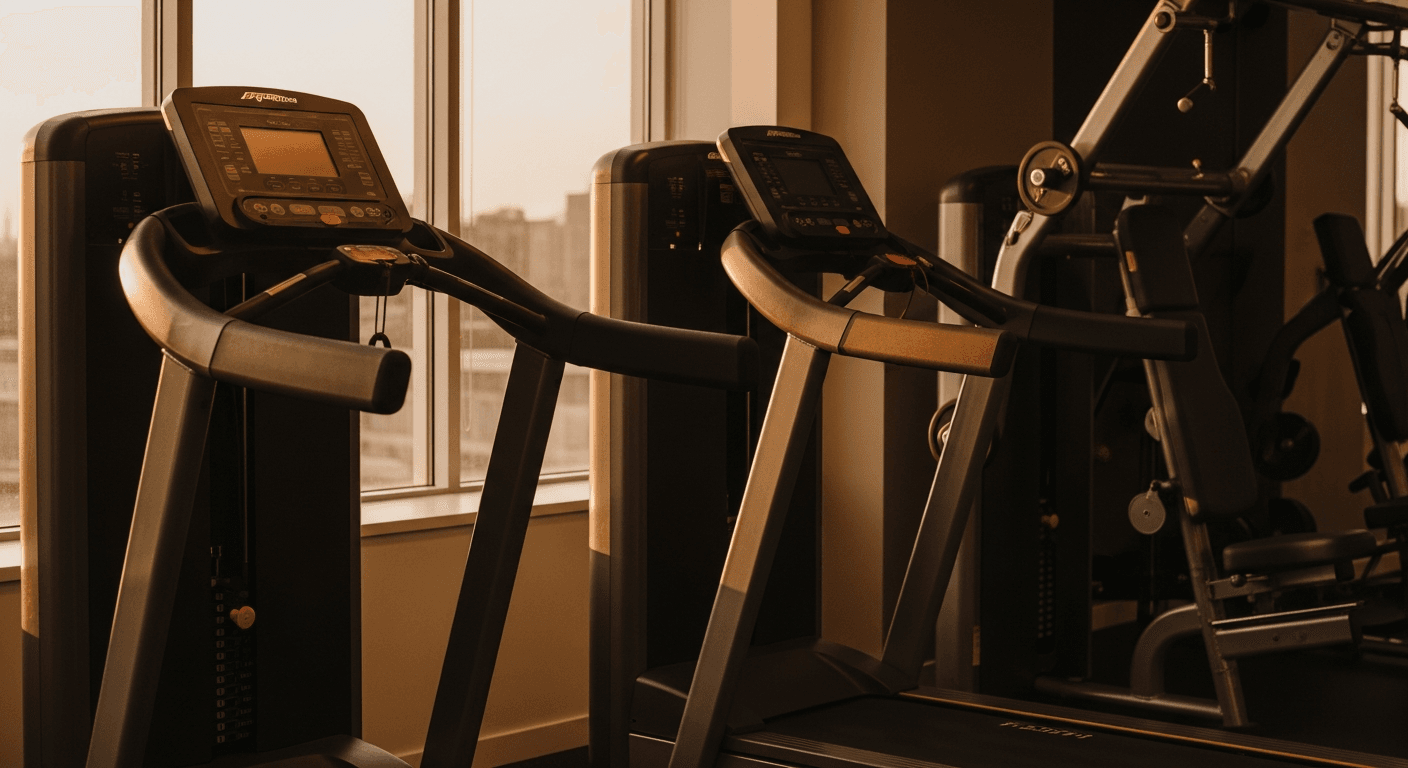 Two premium gym machines side-by-side in warm golden light within a modern fitness facility interior.