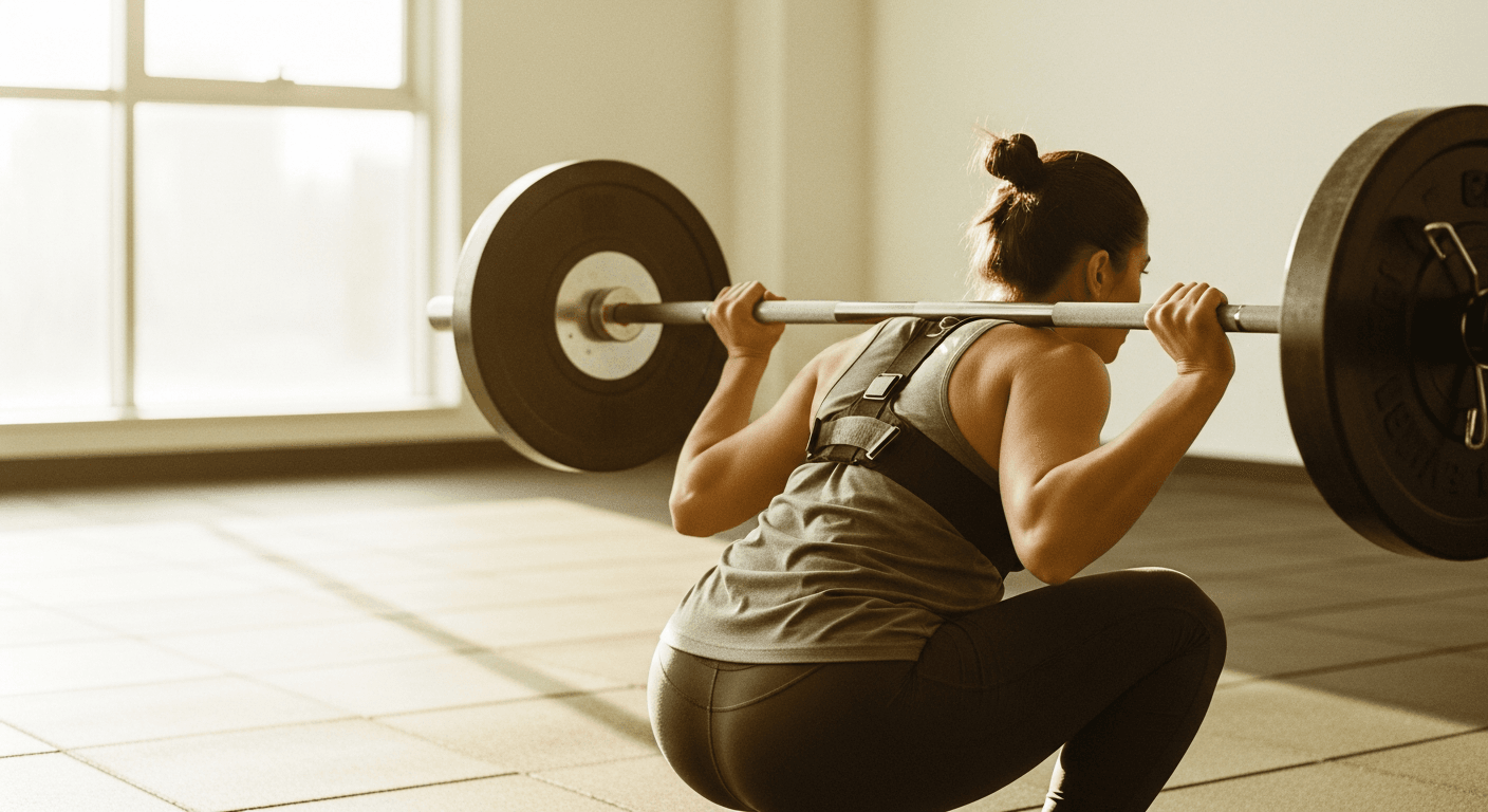 A person performs a barbell back squat in warm, natural golden-hour gym lighting.