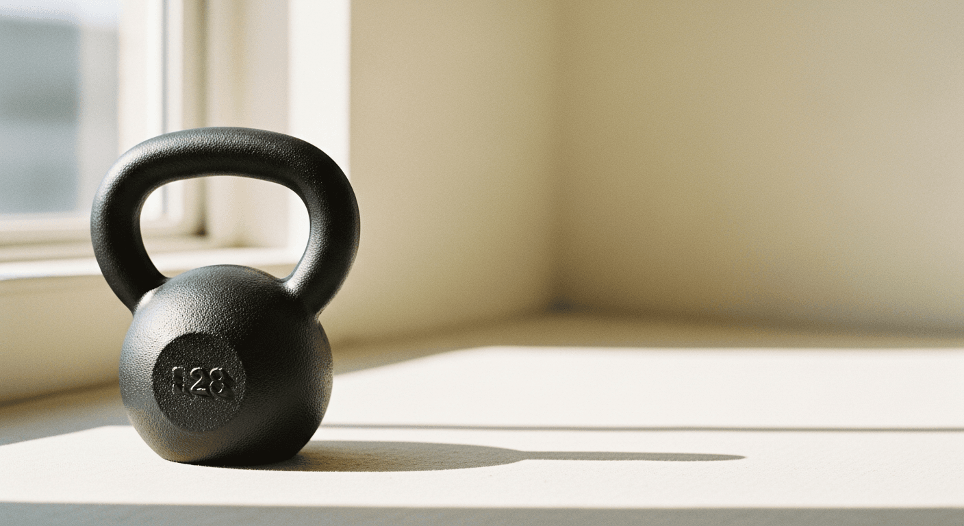 Cast-iron kettlebell with matte charcoal finish on warm cream background with soft natural light.