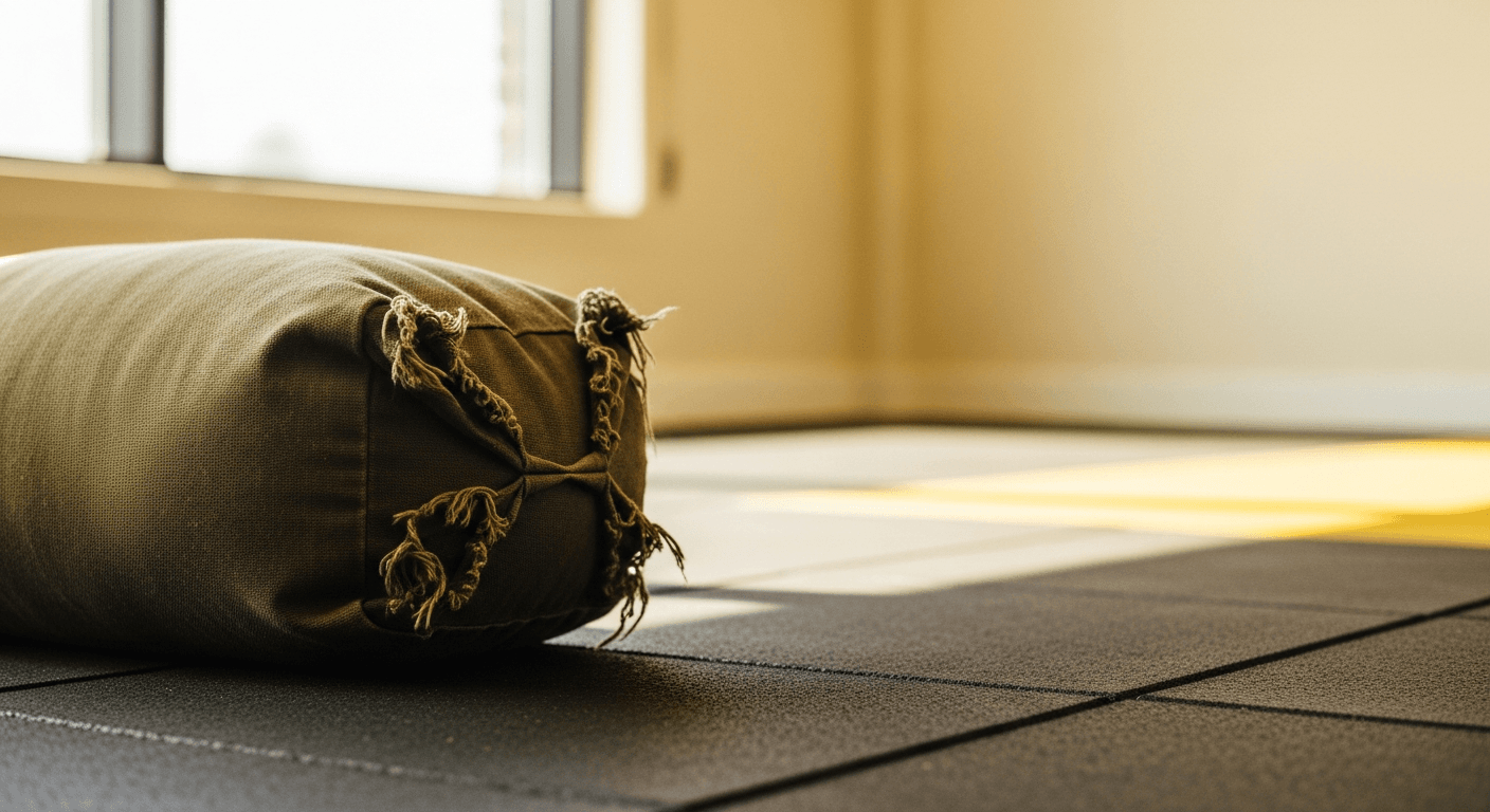 Textured army green sandbag resting on polished dark gym flooring with soft natural diffused lighting.